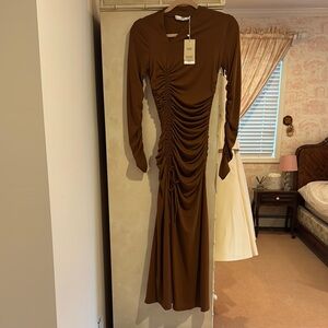 Mango Ruched Long-Sleeve Brown Midi Dress NWT size small